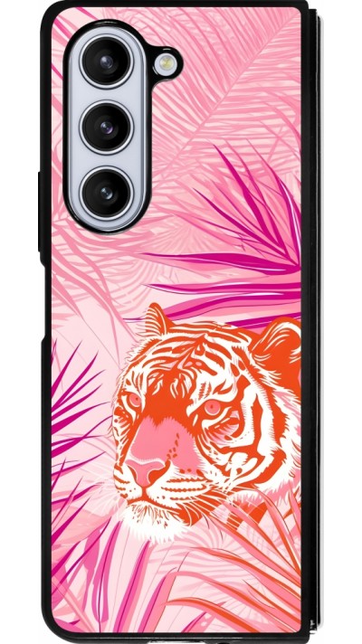 Coque Samsung Galaxy Z Fold5 - Silicone rigide noir Tigre palmiers roses
