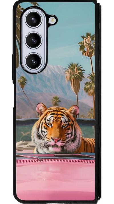 Coque Samsung Galaxy Z Fold5 - Silicone rigide noir Tigre voiture rose