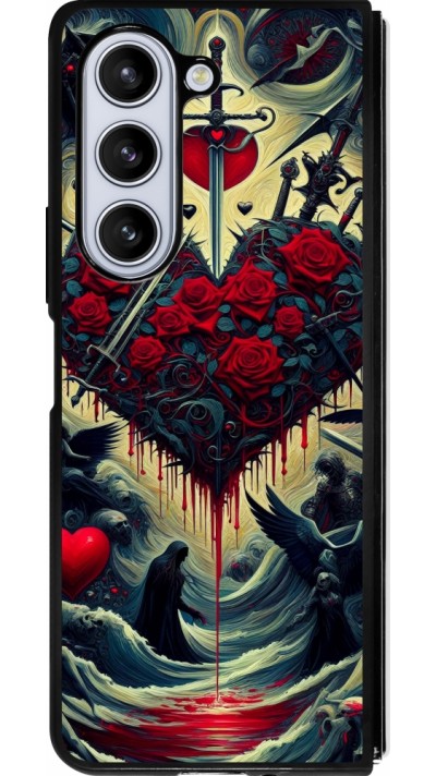 Coque Samsung Galaxy Z Fold5 - Silicone rigide noir Dark Love Coeur Sang