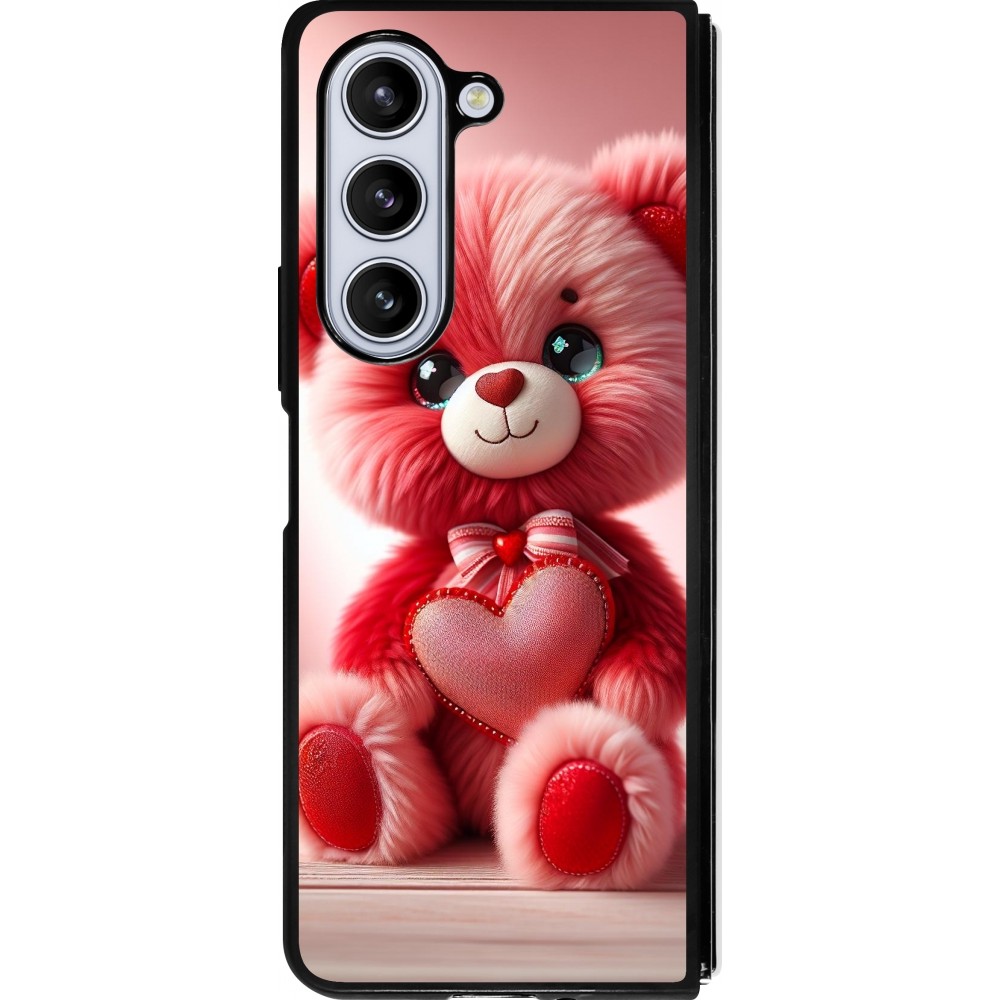 Coque Samsung Galaxy Z Fold5 - Silicone rigide noir Valentine 2024 Ourson rose