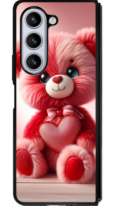 Coque Samsung Galaxy Z Fold5 - Silicone rigide noir Valentine 2024 Ourson rose