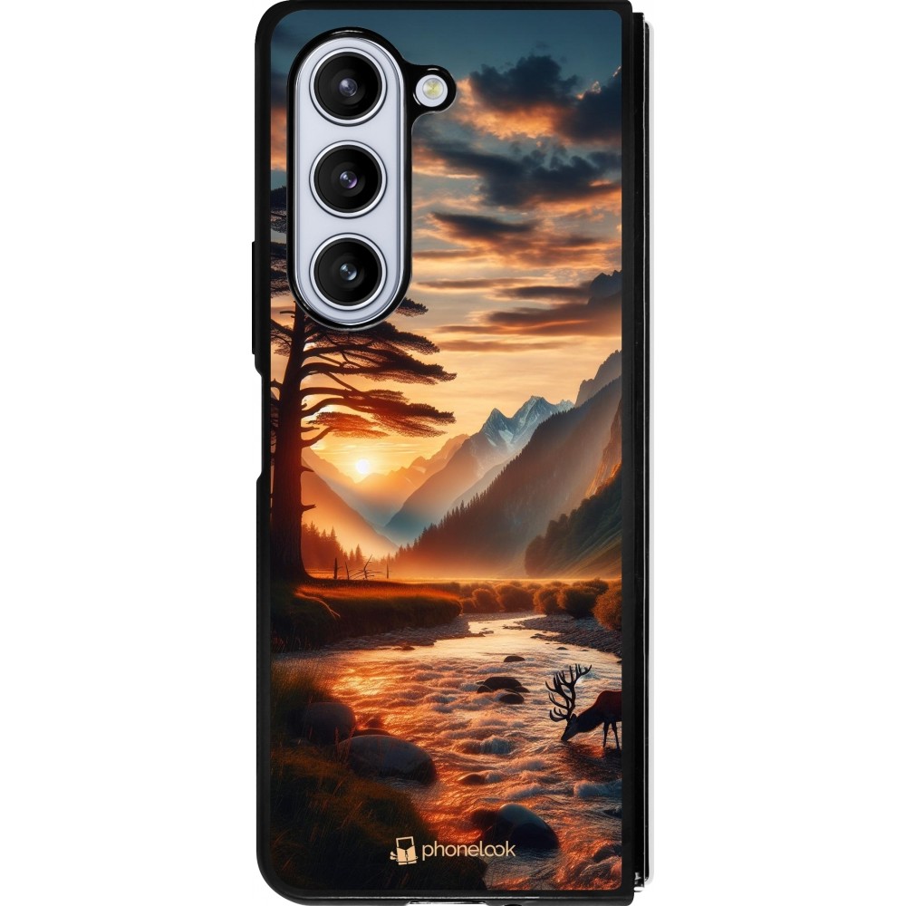 Coque Samsung Galaxy Z Fold5 - Silicone rigide noir Valley Sunset Deer Tree