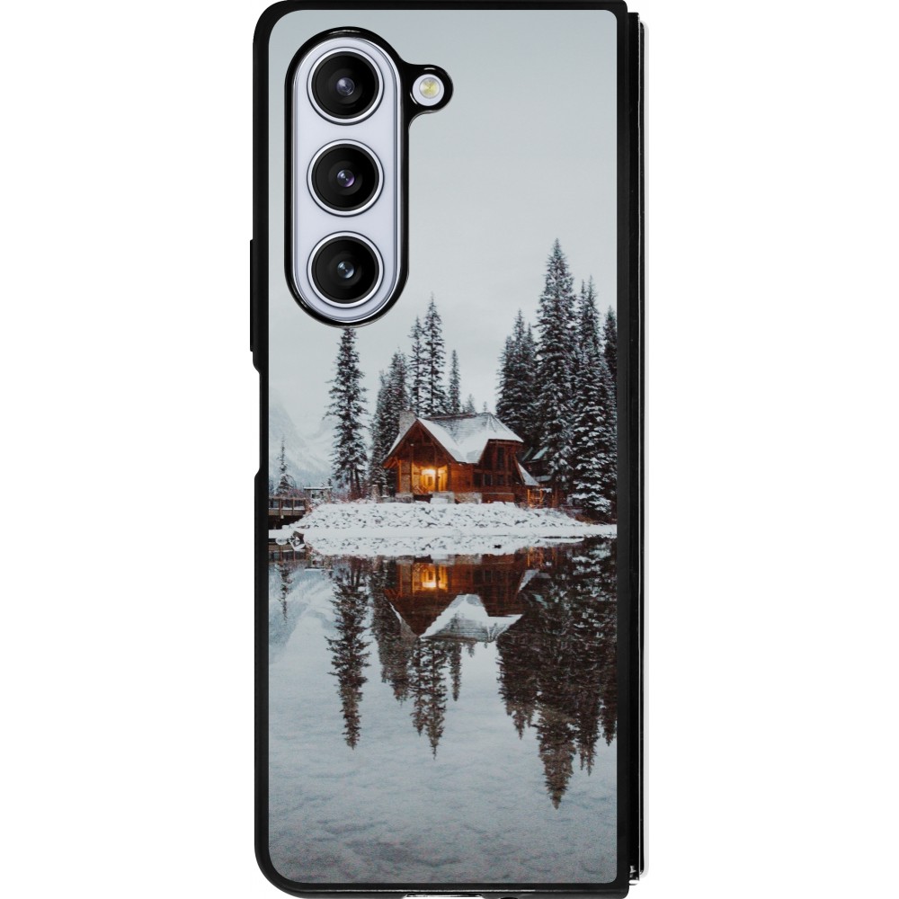 Coque Samsung Galaxy Z Fold5 - Silicone rigide noir Winter 25 Winter house forest afternoon