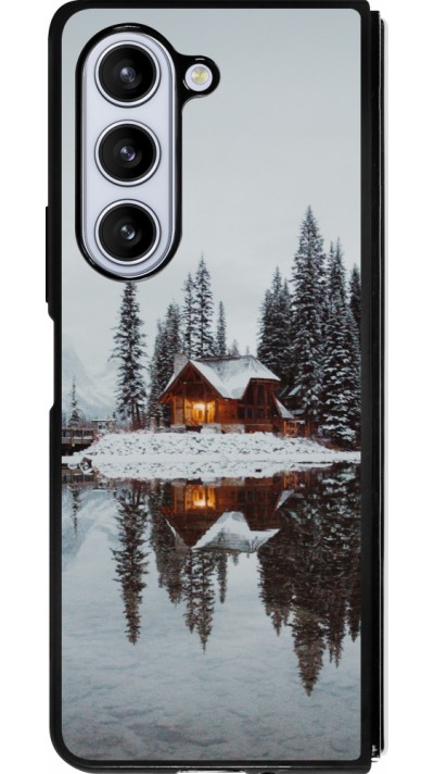 Coque Samsung Galaxy Z Fold5 - Silicone rigide noir Winter 25 Winter house forest afternoon