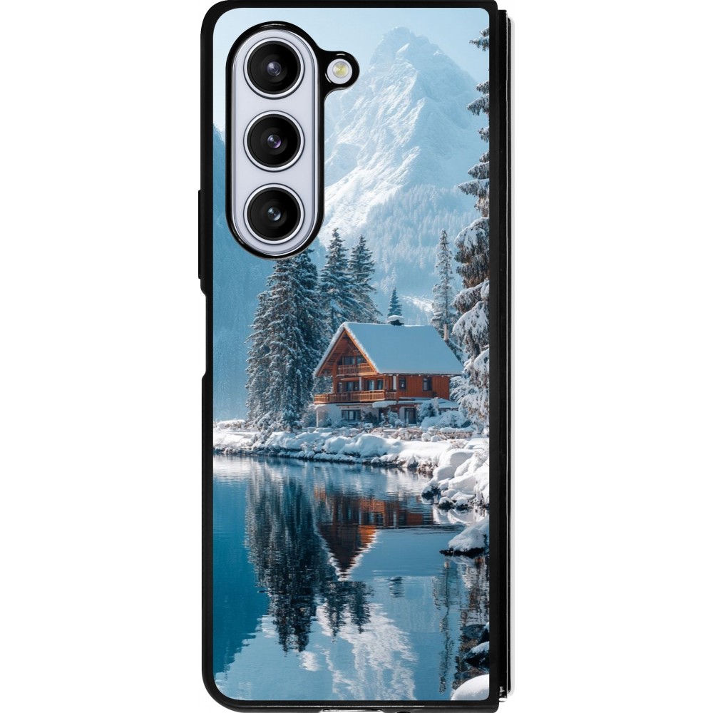 Coque Samsung Galaxy Z Fold5 - Silicone rigide noir Winter 25 Winter house forest day