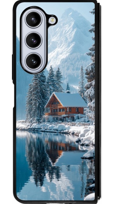 Coque Samsung Galaxy Z Fold5 - Silicone rigide noir Winter 25 Winter house forest day