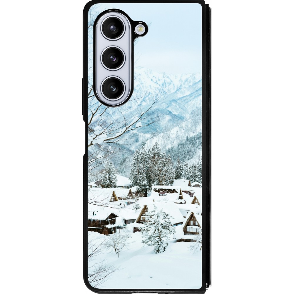 Coque Samsung Galaxy Z Fold5 - Silicone rigide noir Winter 25 Winter snowy landscape