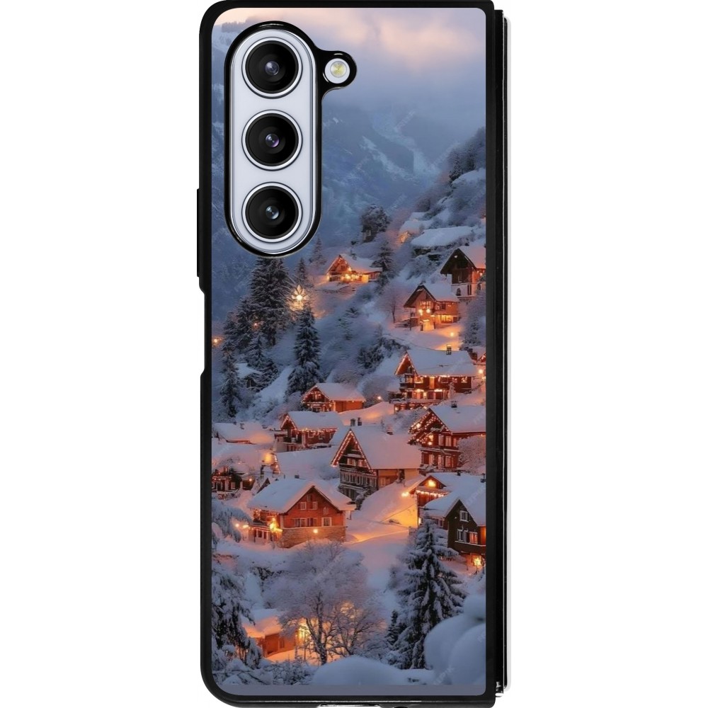 Coque Samsung Galaxy Z Fold5 - Silicone rigide noir Winter 25 Winter snowy village