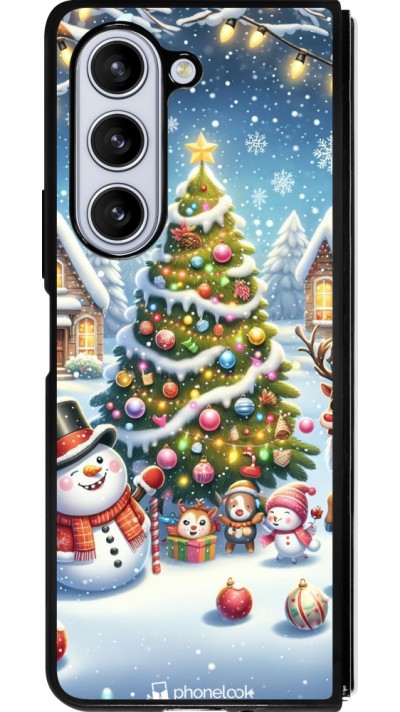 Coque Samsung Galaxy Z Fold5 - Silicone rigide noir Noël 2023 bonhomme de neige et sapin