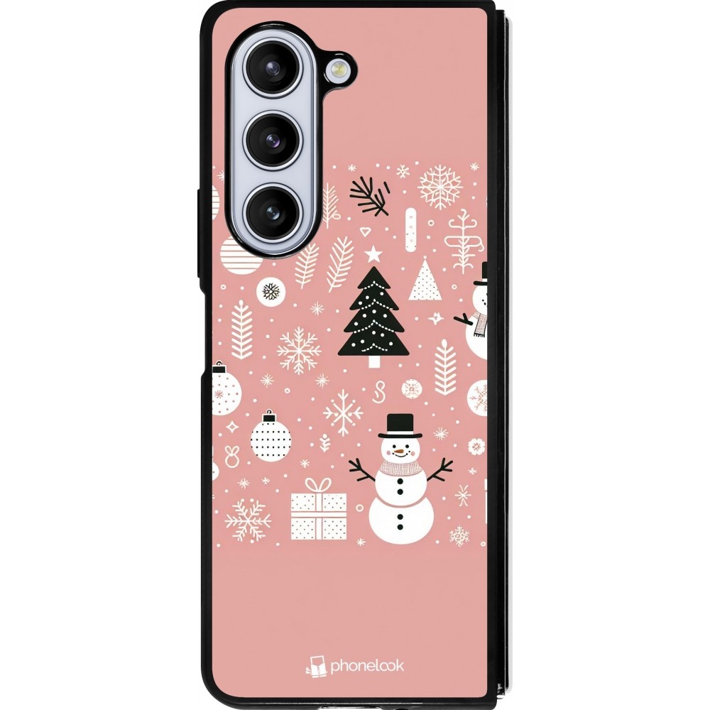 Coque Samsung Galaxy Z Fold5 - Silicone rigide noir Noël 2024 Rose Snowman Christmas