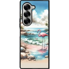 Coque Samsung Galaxy Z Fold6 - Silicone rigide noir Flamant rose aquarelle