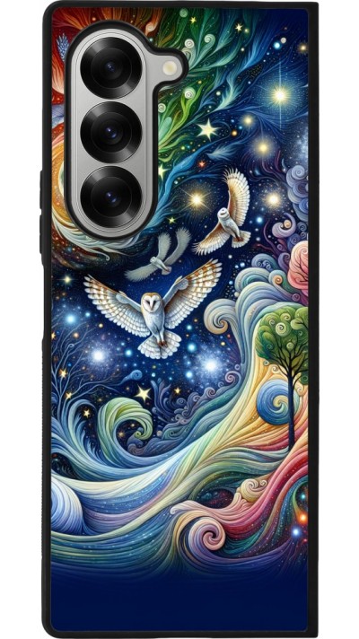 Coque Samsung Galaxy Z Fold6 - Silicone rigide noir hibou volant floral