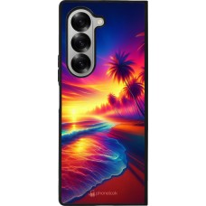 Coque Samsung Galaxy Z Fold6 - Silicone rigide noir Plage coucher soleil flashy