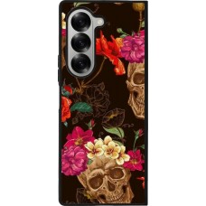 Coque Samsung Galaxy Z Fold6 - Silicone rigide noir Skulls and flowers
