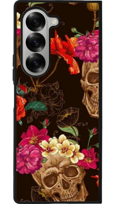 Samsung Galaxy Z Fold6 Case Hülle - Silikon schwarz Skulls and flowers