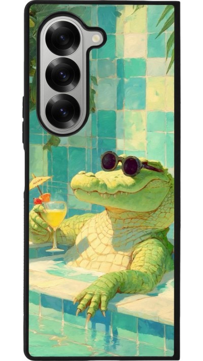 Coque Samsung Galaxy Z Fold6 - Silicone rigide noir Crocodile in the swimming pool Summer 2026