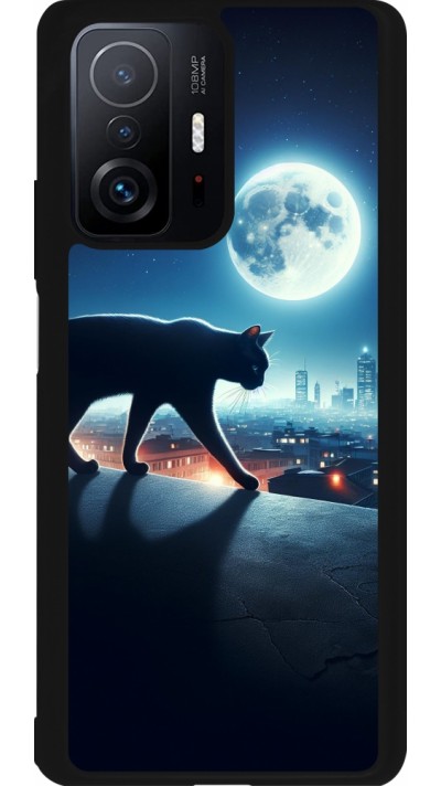 Coque Xiaomi 11T - Silicone rigide noir Chat noir sous la pleine lune