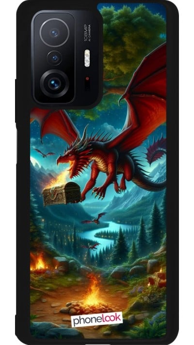 Coque Xiaomi 11T - Silicone rigide noir Dragon Volant Forêt Trésor