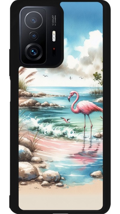 Coque Xiaomi 11T - Silicone rigide noir Flamant rose aquarelle