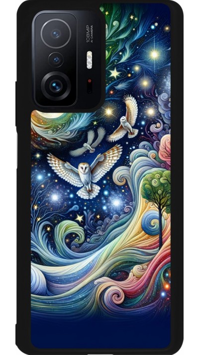 Coque Xiaomi 11T - Silicone rigide noir hibou volant floral