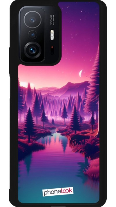 Coque Xiaomi 11T - Silicone rigide noir Paysage Violet-Rose