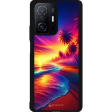 Coque Xiaomi 11T - Silicone rigide noir Plage coucher soleil flashy
