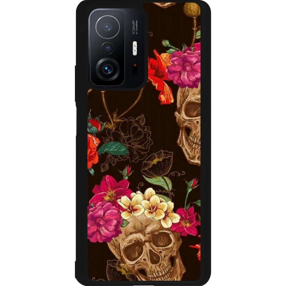 Coque Xiaomi 11T - Silicone rigide noir Skulls and flowers