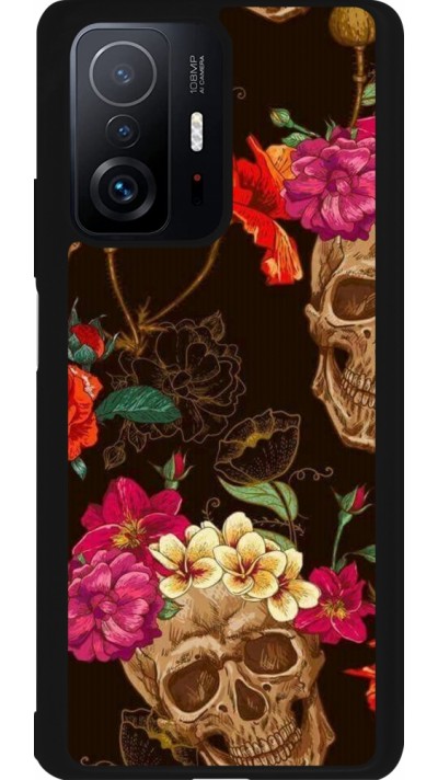 Coque Xiaomi 11T - Silicone rigide noir Skulls and flowers