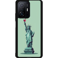 Coque Xiaomi 11T - Silicone rigide noir Wine Statue de la liberté avec un verre de vin