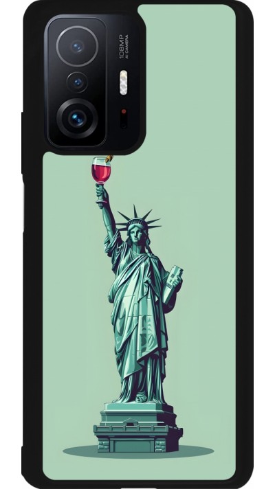 Coque Xiaomi 11T - Silicone rigide noir Wine Statue de la liberté avec un verre de vin