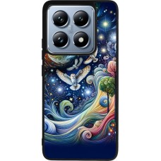 Coque Xiaomi 14T Pro - Silicone rigide noir hibou volant floral