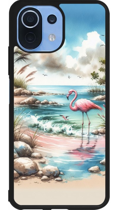 Coque Xiaomi Mi 11 Lite 5G - Silicone rigide noir Flamant rose aquarelle