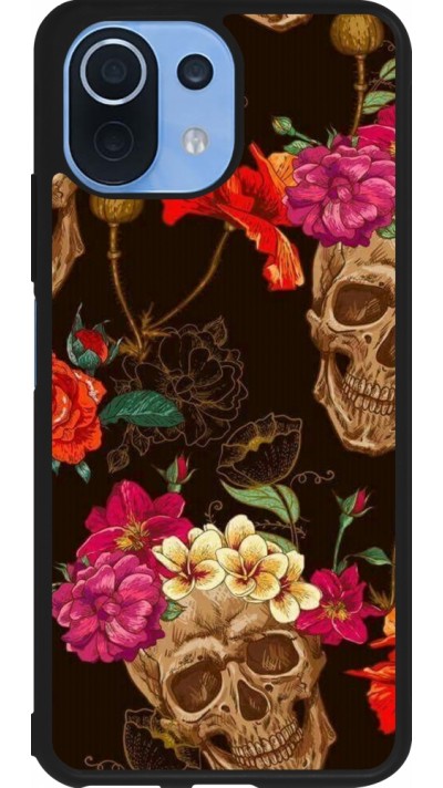 Coque Xiaomi Mi 11 Lite 5G - Silicone rigide noir Skulls and flowers
