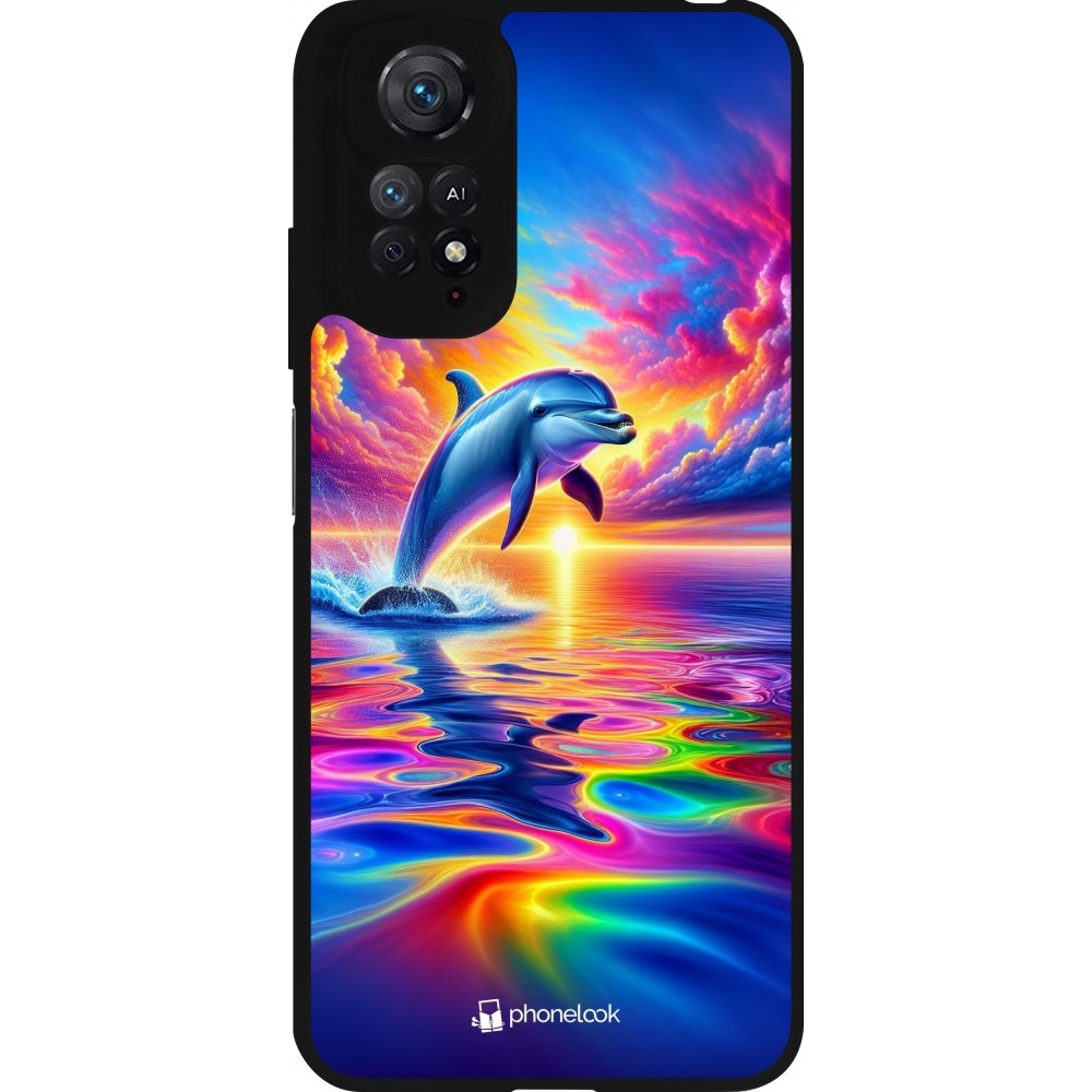 Coque Xiaomi Redmi Note 11 / 11S - Silicone rigide noir Dauphin arc-en-ciel heureux