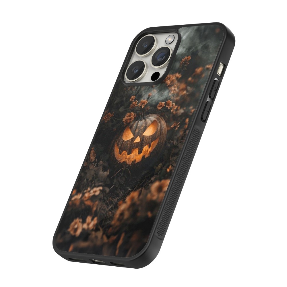 iPhone 12 / 12 Pro Case Hülle - Silikon schwarz Halloween 2025 Pumpkin with flowers