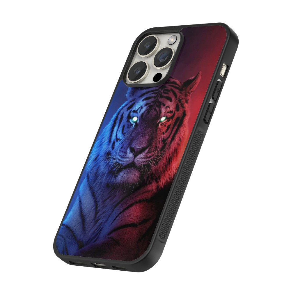 Coque iPhone 12 / 12 Pro - Silicone rigide noir Tiger Blue Red