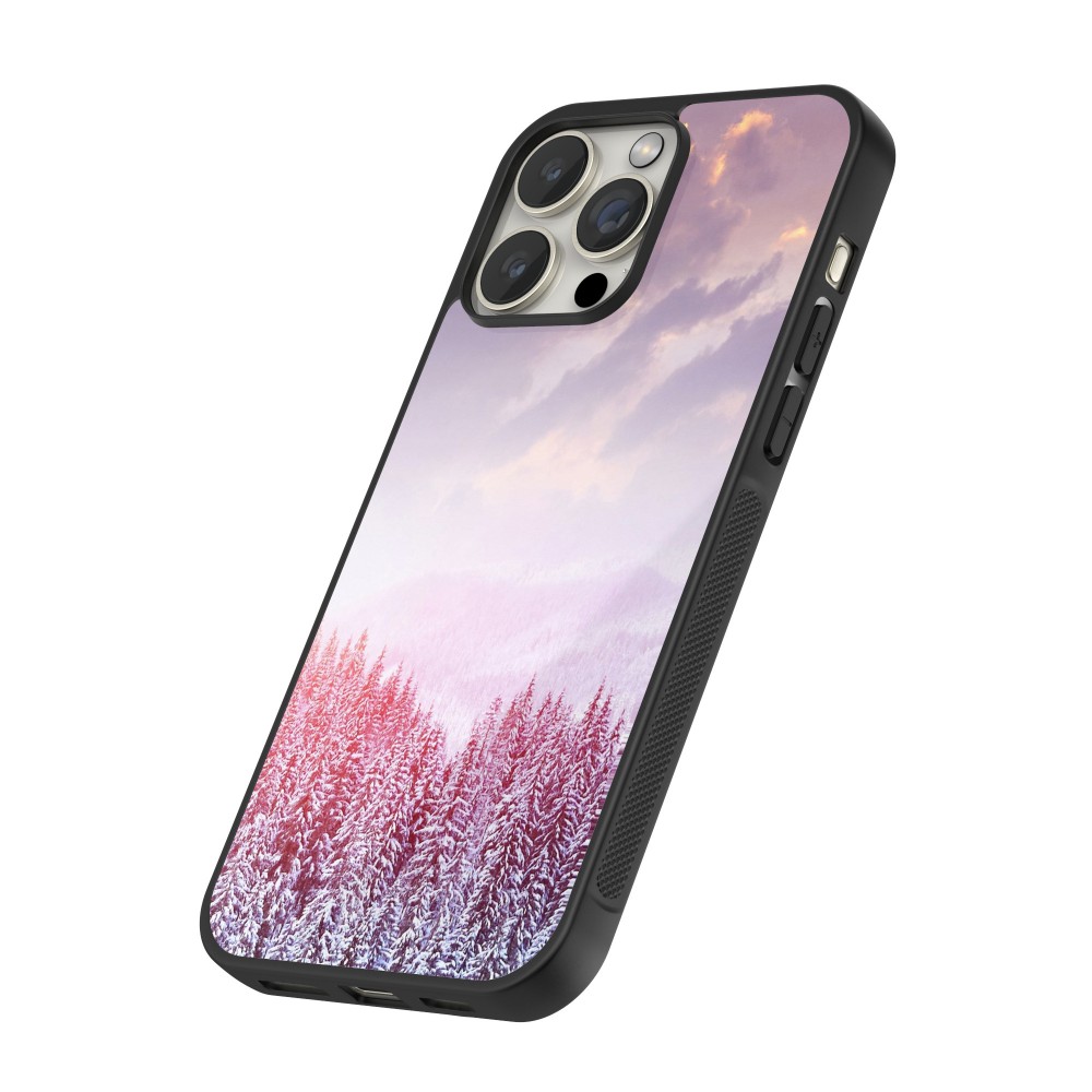 Coque iPhone 12 / 12 Pro - Silicone rigide noir Winter 22 Pink Forest