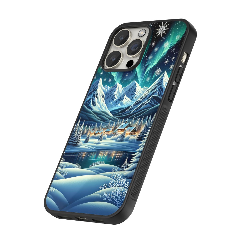 iPhone 12 Pro Max Case Hülle - Silikon schwarz Verschneites Bergdorf am See in der Nacht