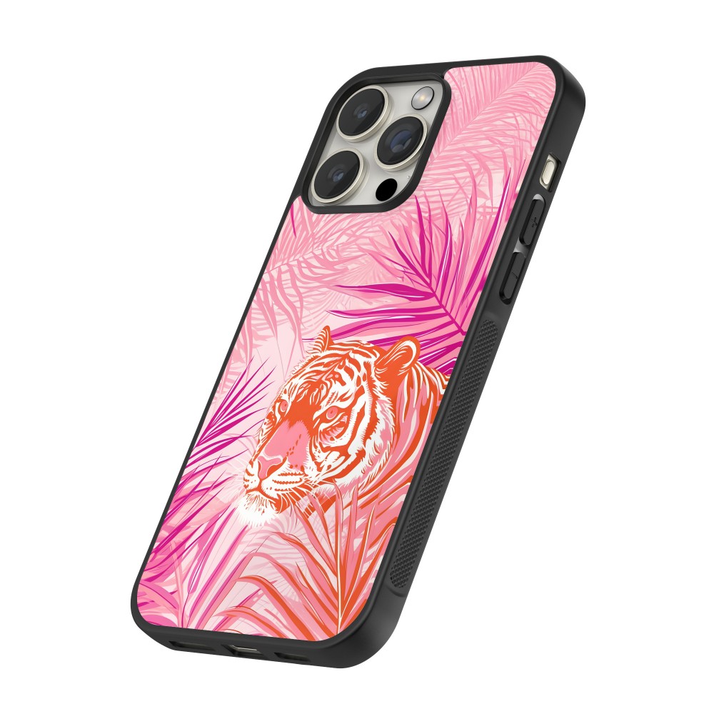 iPhone 12 Pro Max Case Hülle - Silikon schwarz Tiger Palmen rosa