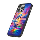 Coque iPhone 14 Pro Max - Silicone rigide noir Dauphin arc-en-ciel heureux