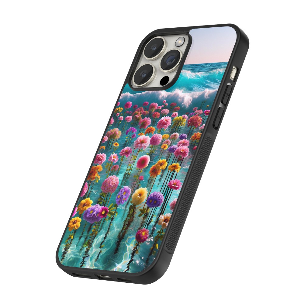 iPhone 14 Pro Max Case Hülle - Silikon schwarz Blumenmeer Wellen