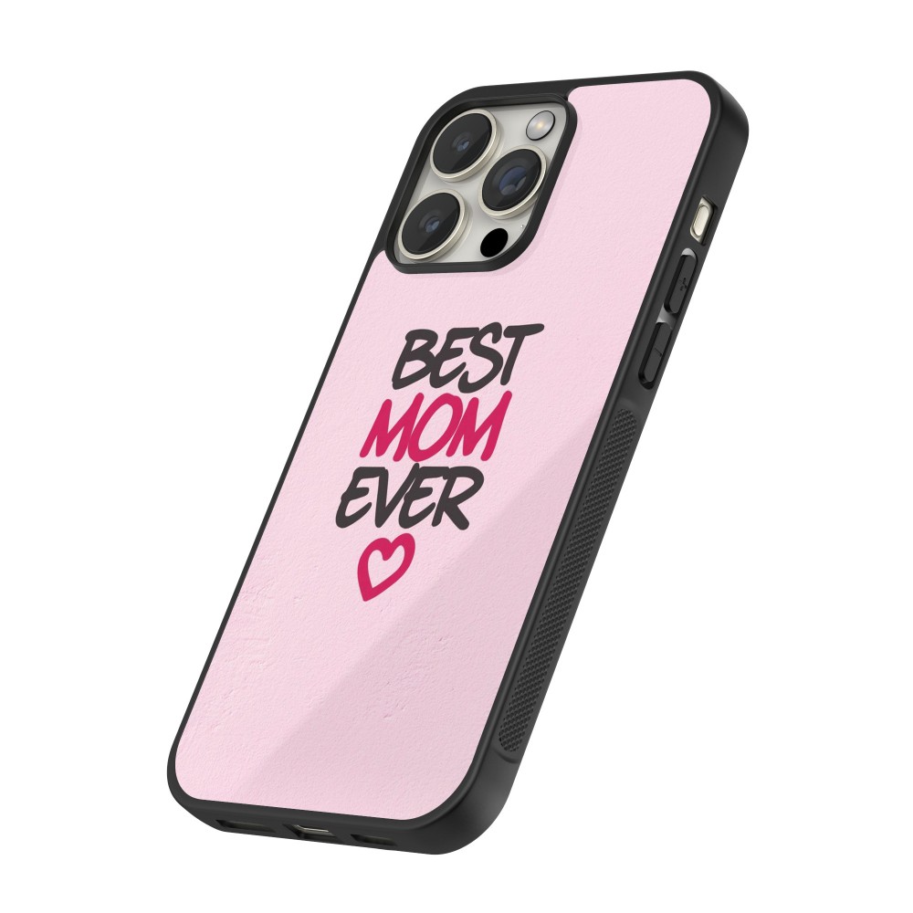 Coque iPhone 14 Pro Max - Silicone rigide noir Mom 2023 best Mom ever pink