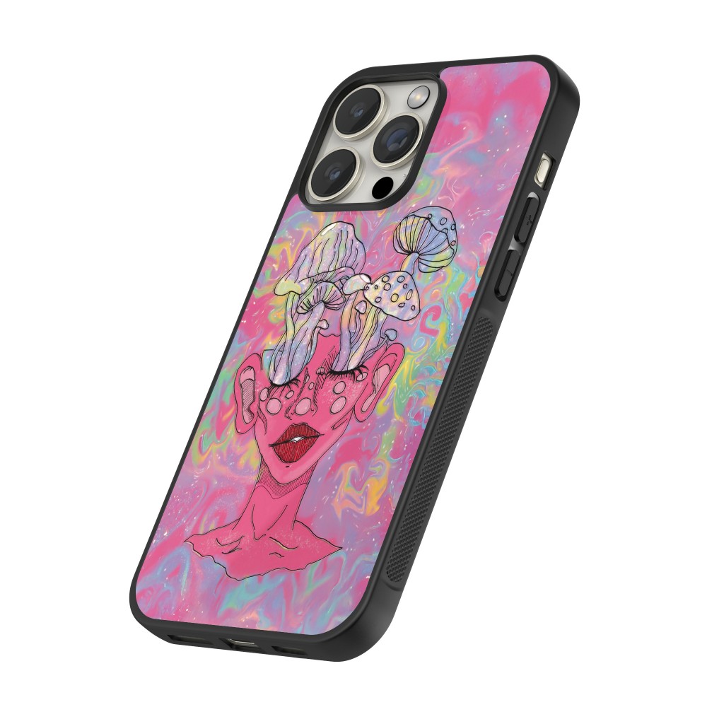 Coque iPhone 14 Pro Max - Silicone rigide noir Psychedelic pink mushroom