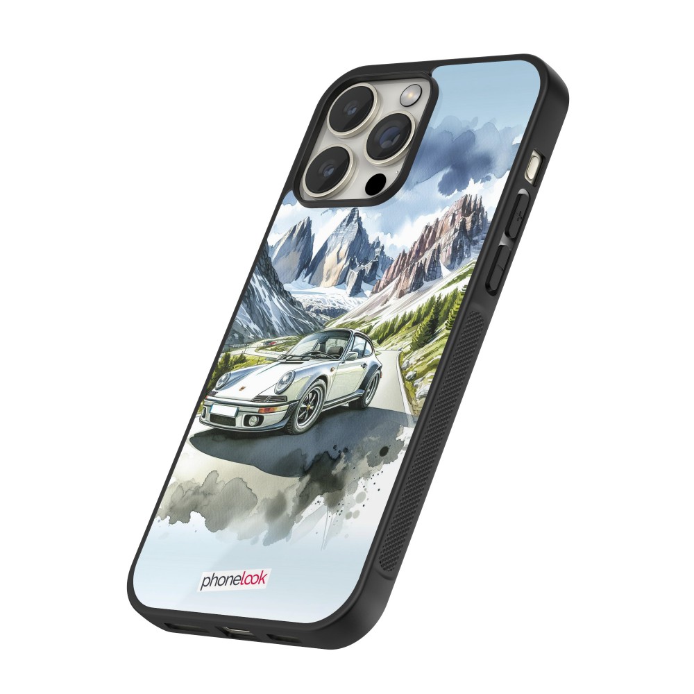 Coque iPhone 16 Pro Max - Silicone rigide noir Porsche 911 Mountain Watercolor