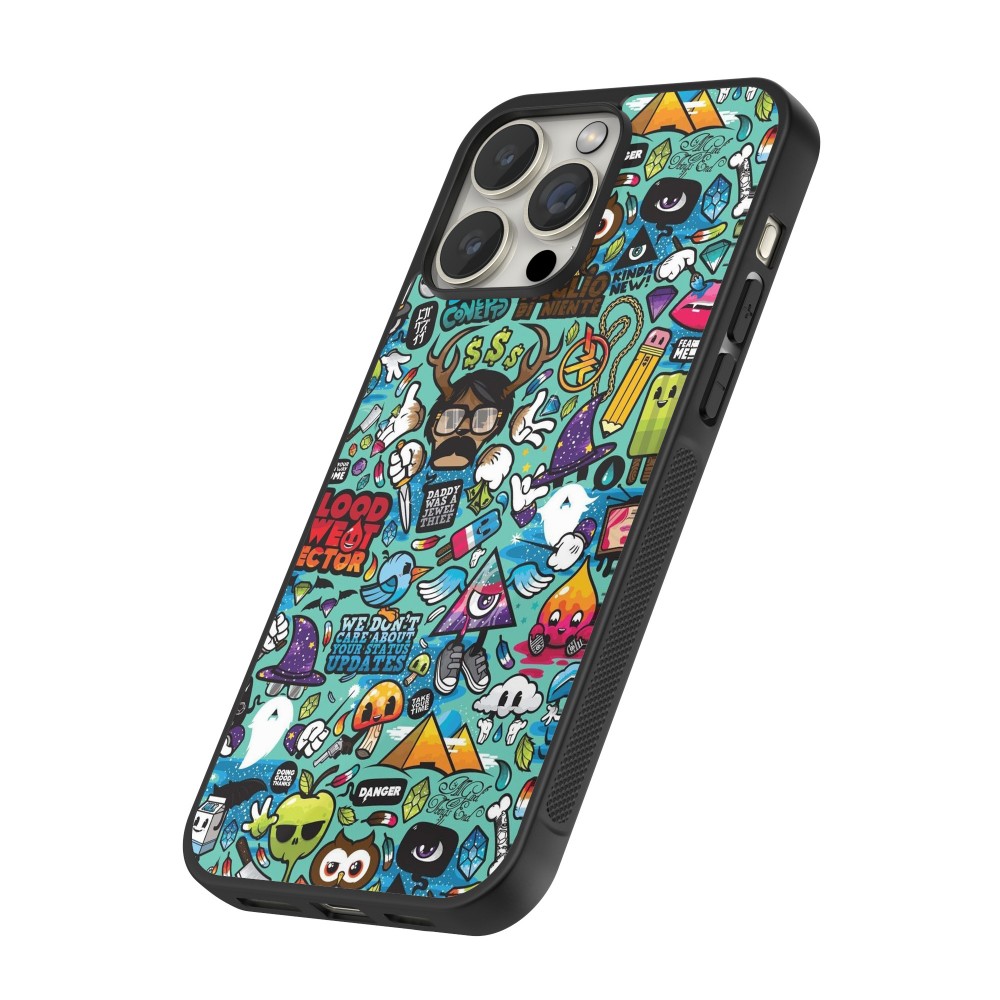 Coque iPhone 16 Pro Max - Silicone rigide noir Mixed Cartoons Turquoise