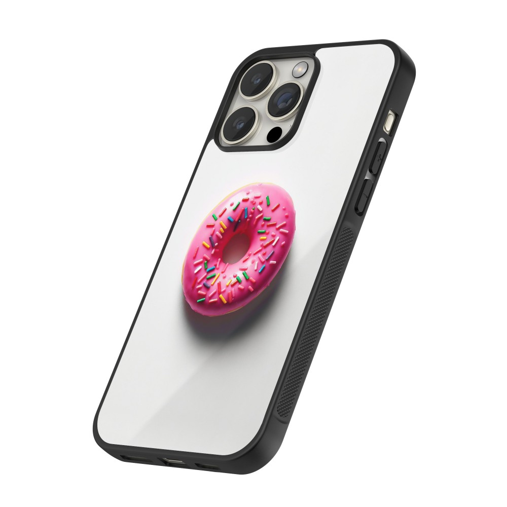 Coque iPhone 16 Pro Max - Silicone rigide noir Weißer Hintergrund, pinker Donut