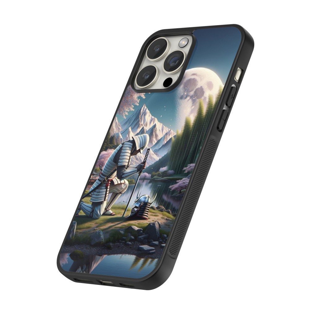 Coque iPhone 16 Pro Max - Silicone rigide noir Samurai Katana Lune