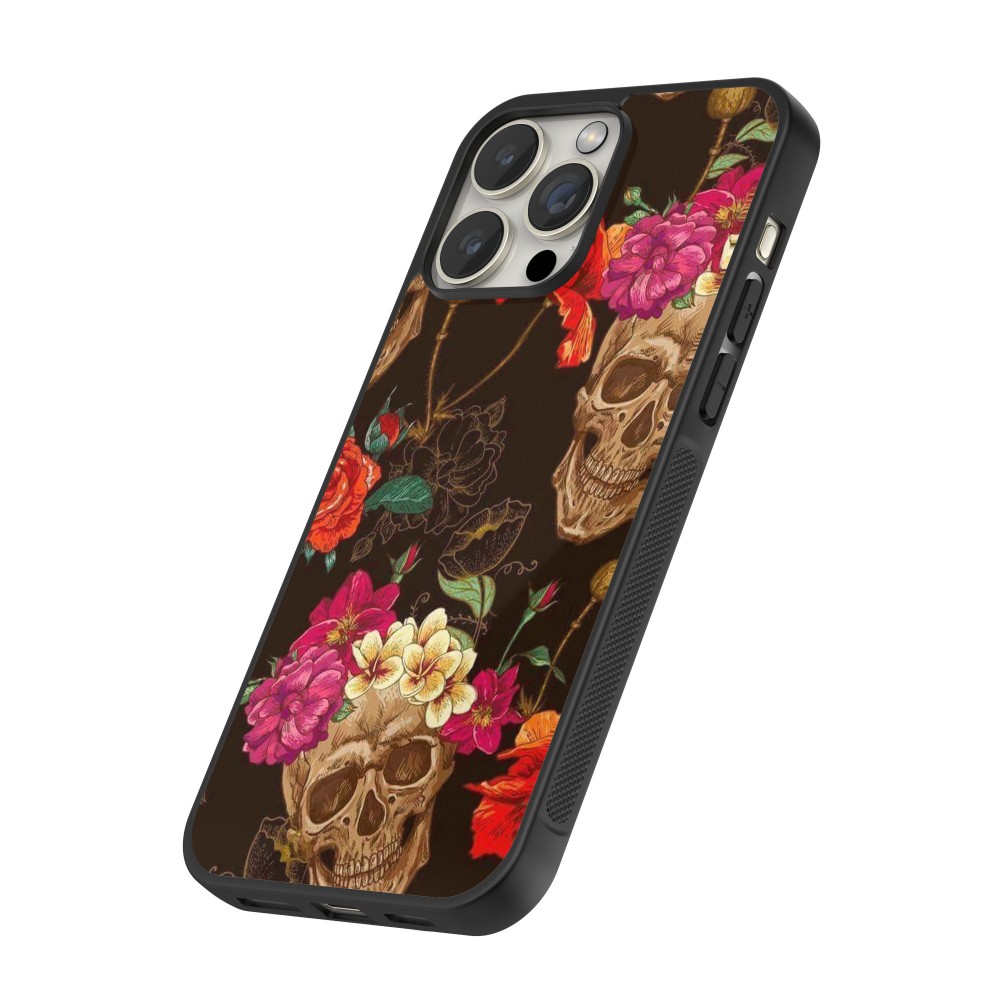 Coque iPhone 16 Pro Max - Silicone rigide noir Skulls and flowers