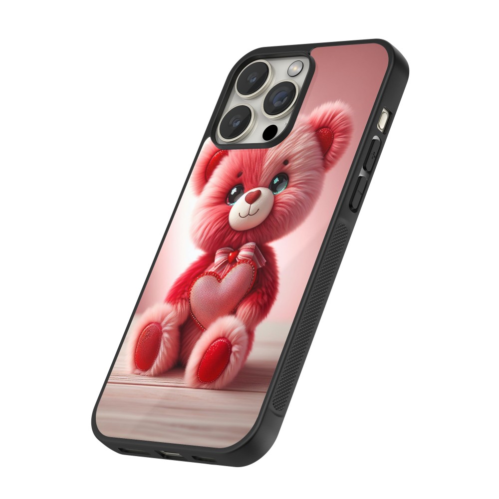 Coque iPhone 16 Pro Max - Silicone rigide noir Valentine 2024 Ourson rose
