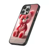 Coque iPhone 16 Pro Max - Silicone rigide noir Valentine 2024 Ourson rose